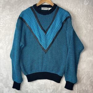 Vintage 80s Urban Works Knit Sweater Large Teal Blue Chevron Leather Trim Grunge